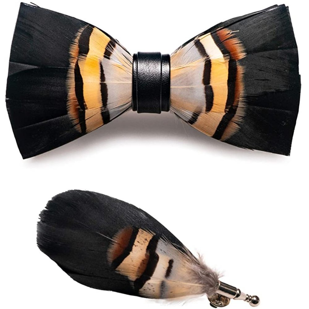 Mens Natural Feather Pre Tied Bow Tie & Lapel Pin